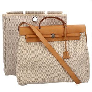 Hermes Herbag MM Toile GM Calf Shoulder Bag Natural